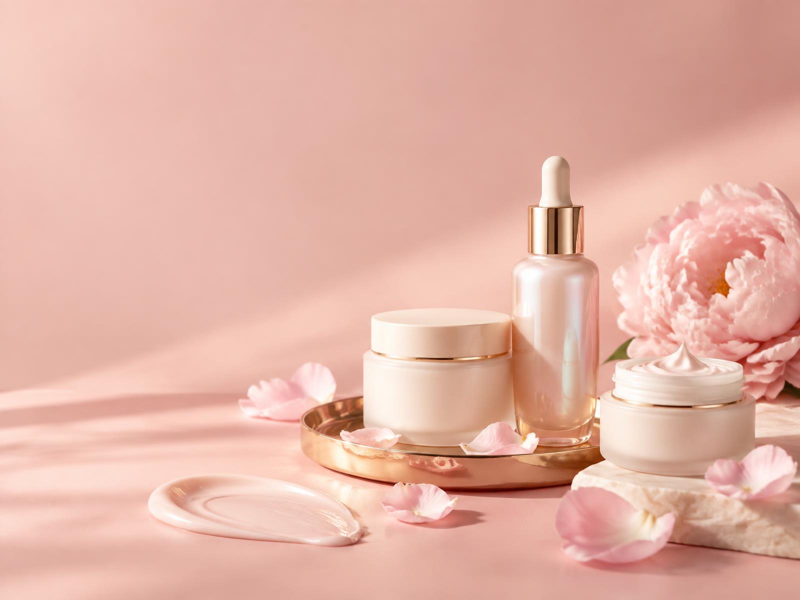 Cosméticos y flores en una composición rosada